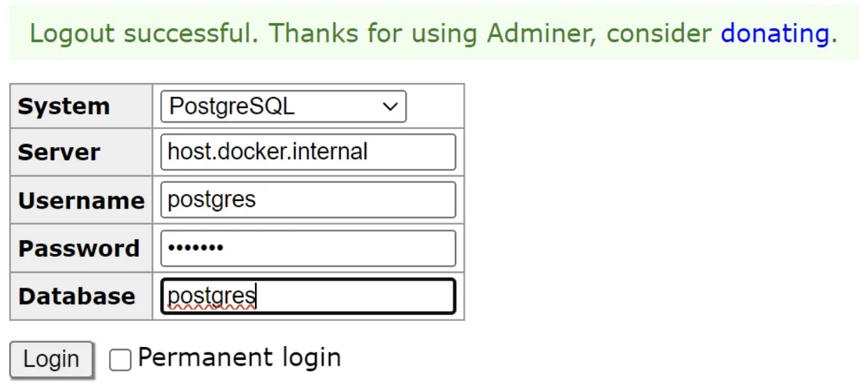 Log in to Adminer